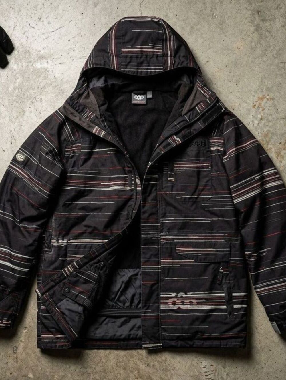 686 Mens XL Snowboard Jacket Black Striped Y2K Baggy Skicore Winter Ski